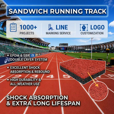 अच्छा मूल्य IAAF प्रमाणित मौसम प्रतिरोधी सैंडविच पीयू रनिंग ट्रैक अनुकूलन योग्य रंग विकल्पों के साथ ऑनलाइन